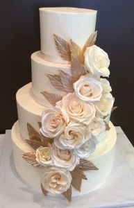 Blush Roses & Gold Leaf Wedding Cake