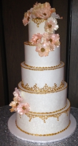 Five Tier Gold Pink Floral and Gold Scrolling Wedding Cake