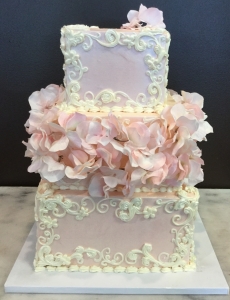 Pink Floral & Scroll Square Cake