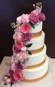 Purple Floral and Gold Trim Wedding Cake