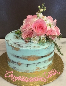 Aqua Cake with Gold Accents and Flowers