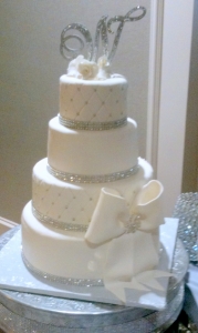 White and Silver Fondant Cake with Bow