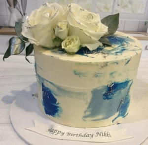 Blue Marbled Cake with Silver Tipped Roses