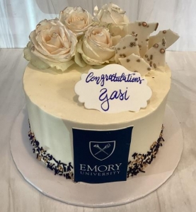 Feminine Graduation Cake with Flowers and Logo 